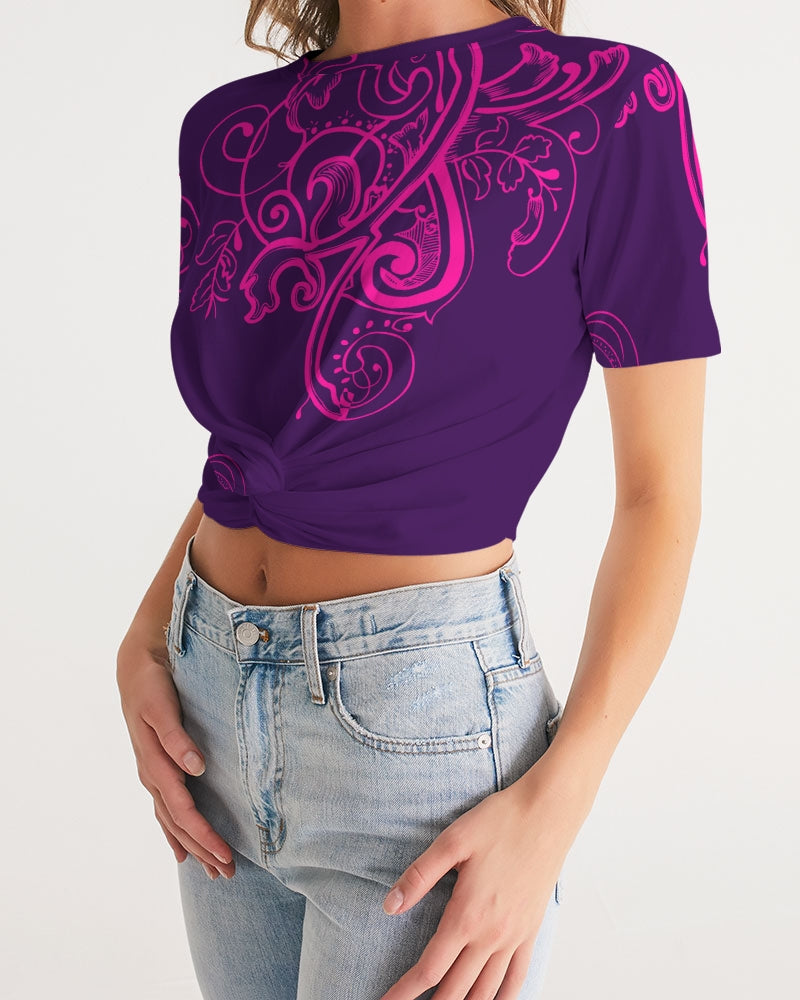 Flower Power - Purple Henna Women's Twist-Front Cropped Tee - UpString Apparel