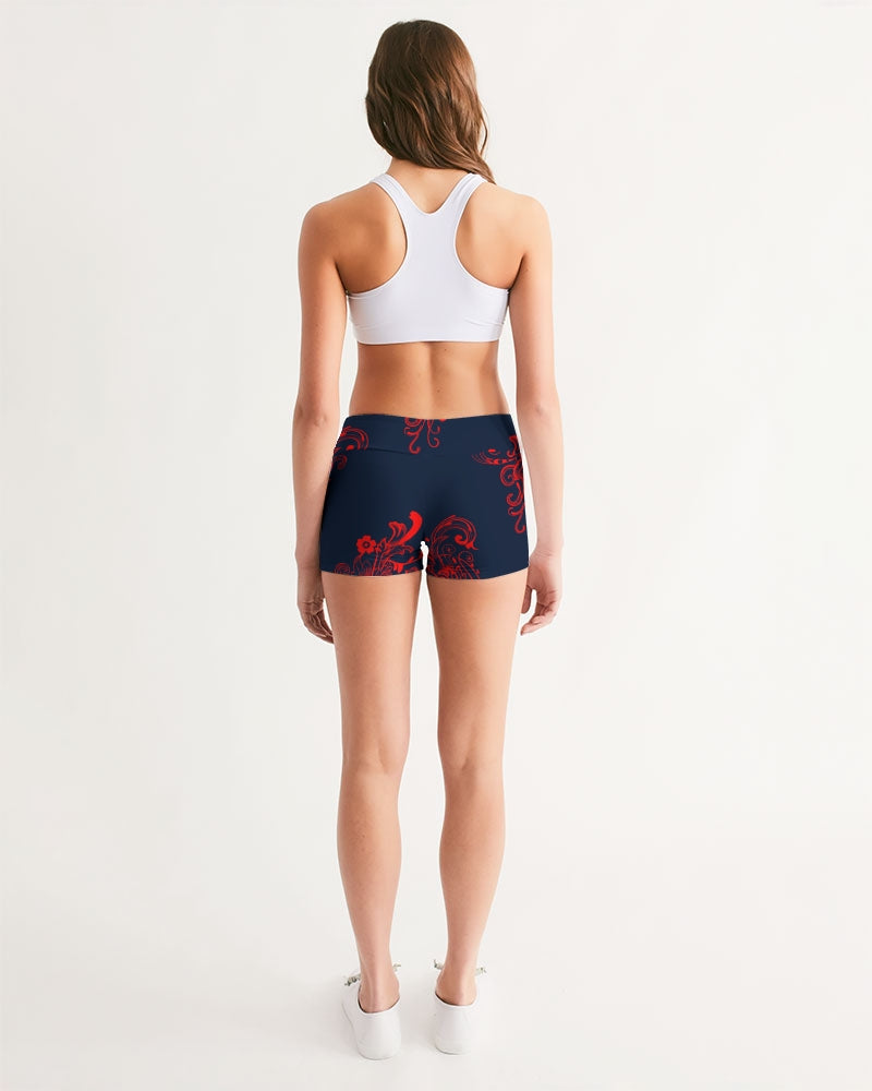 Flower Power - Red Henna Women's Mid-Rise Yoga Shorts - UpString Apparel