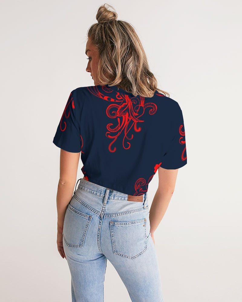 Flower Power - Red Henna Women's Twist-Front Cropped Tee - UpString Apparel