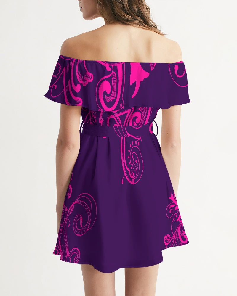 Flower Power - Purple Henna Women's Off-Shoulder Dress - UpString Apparel