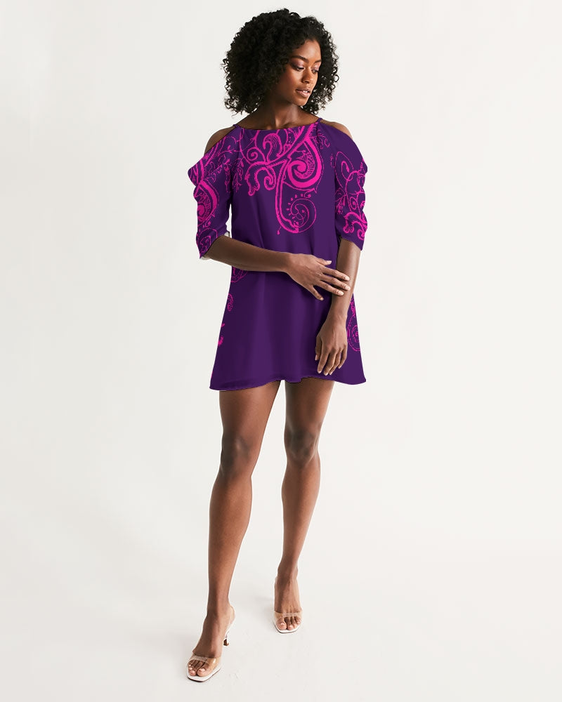 Flower Power - Purple Henna Women's Open Shoulder A-Line Dress - UpString Apparel